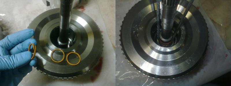I made things a little hard on myself by not pressing the input shaft out of the hub. But I managed to make it work. These rings are “scarf cut”, which lets me open them up and slide them into place. I used some dull dental-style picks to carefully work them into their grooves without damaging them.